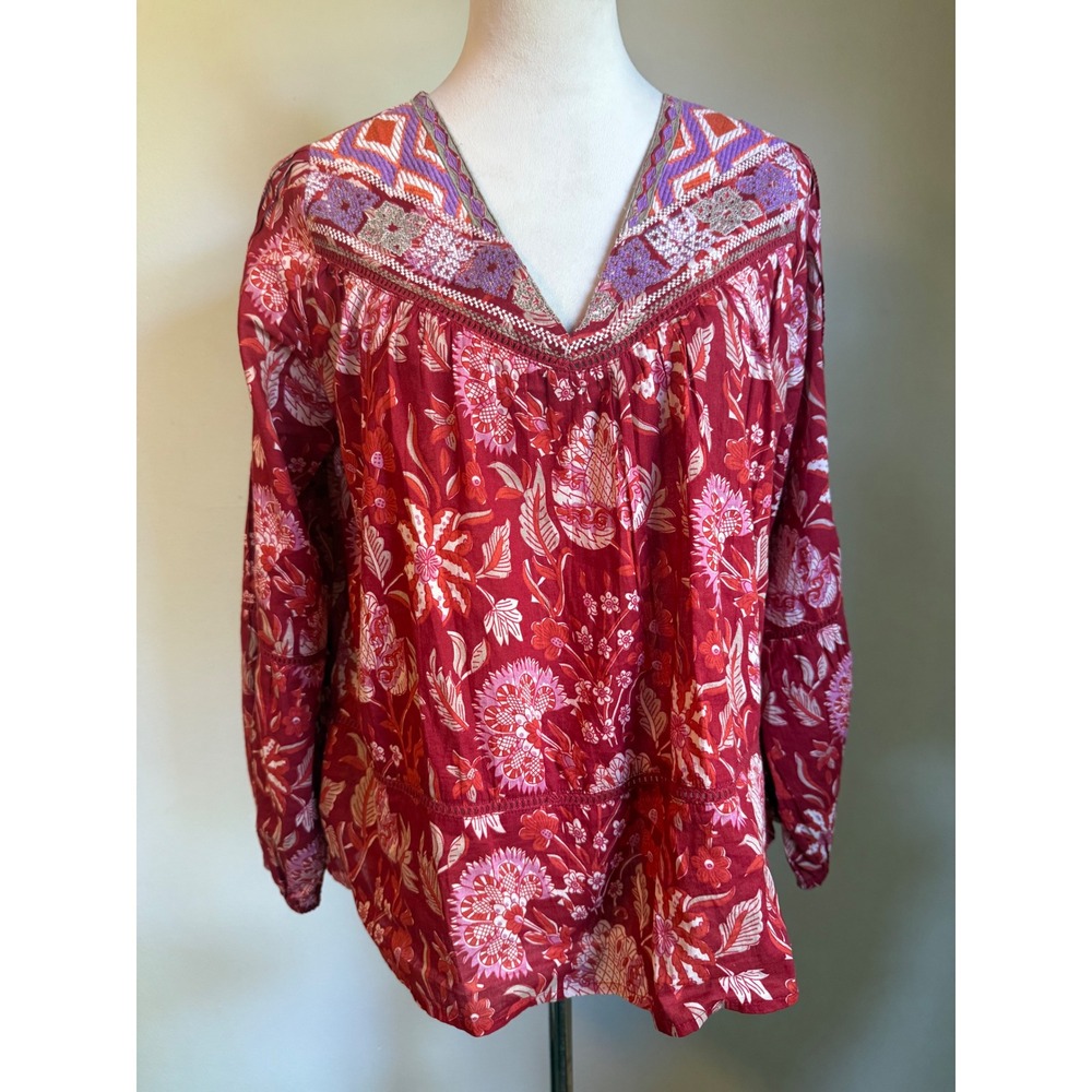 Red Floral Boho whimsi Blouse flowy dainty Embroidered Cotton Top XS embroidered - Picture 3 of 5